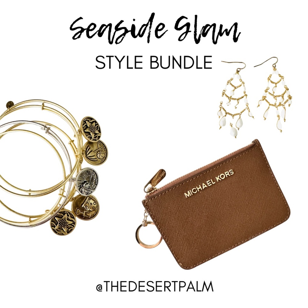 Michael Kors Tan Wallet + Gold Charm Bracelet & Earrings Style Bundle